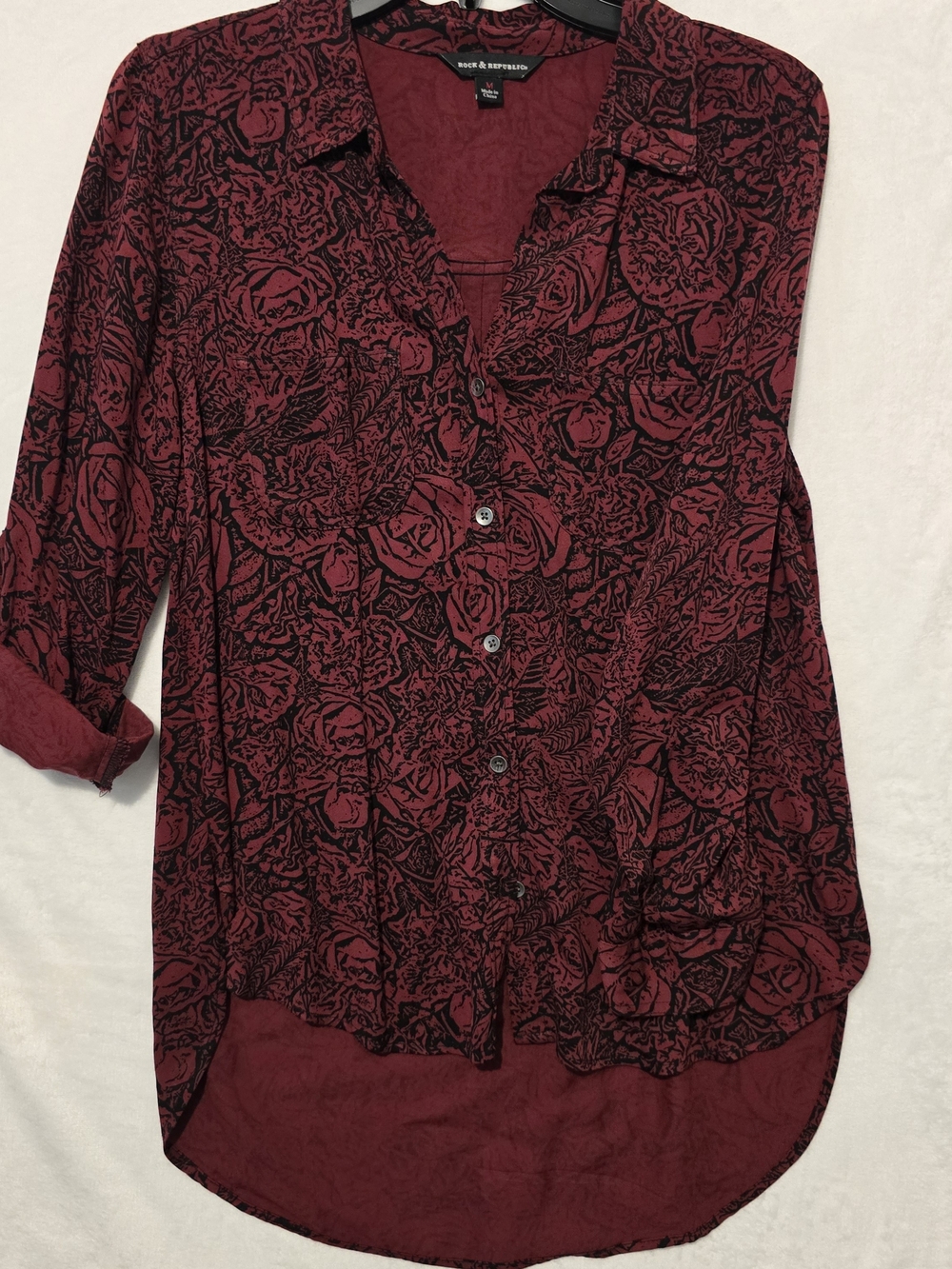 Rock And Republic Womens Blouse Maroon With Black Pattern High/Low Size Med